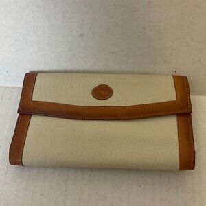 Dooney & Bourke Vintage Tri-Fold Wallet Cream Brown Leather Checkbook